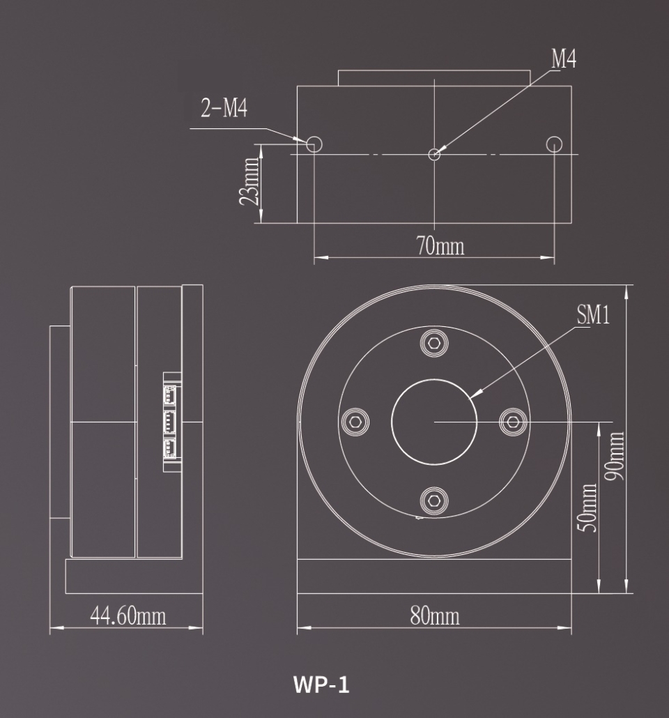 Technische Zeichnung einer motorisierten Drehhalterung für eine 1-Zoll-Wellenplatte